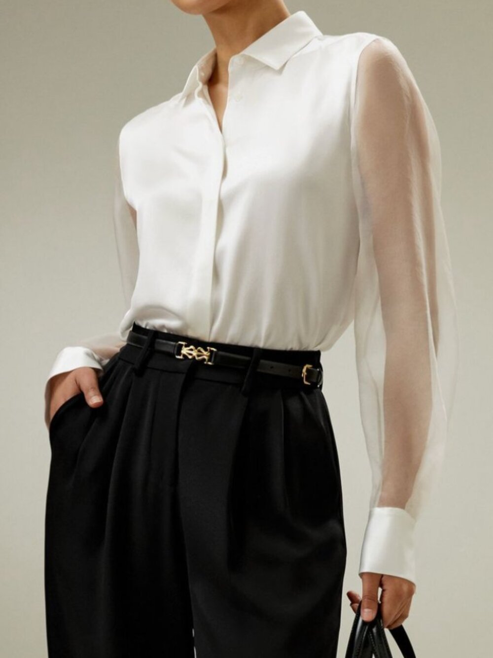 Lilysilk Ethereal Silk Shirt Natural White Satin Sheer Sleeve NWT M - Picture 1 of 8